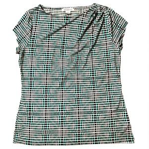 Liz Claiborne Womens Geometric Oval Pattern Teal Black & White Blouse w/Ruching